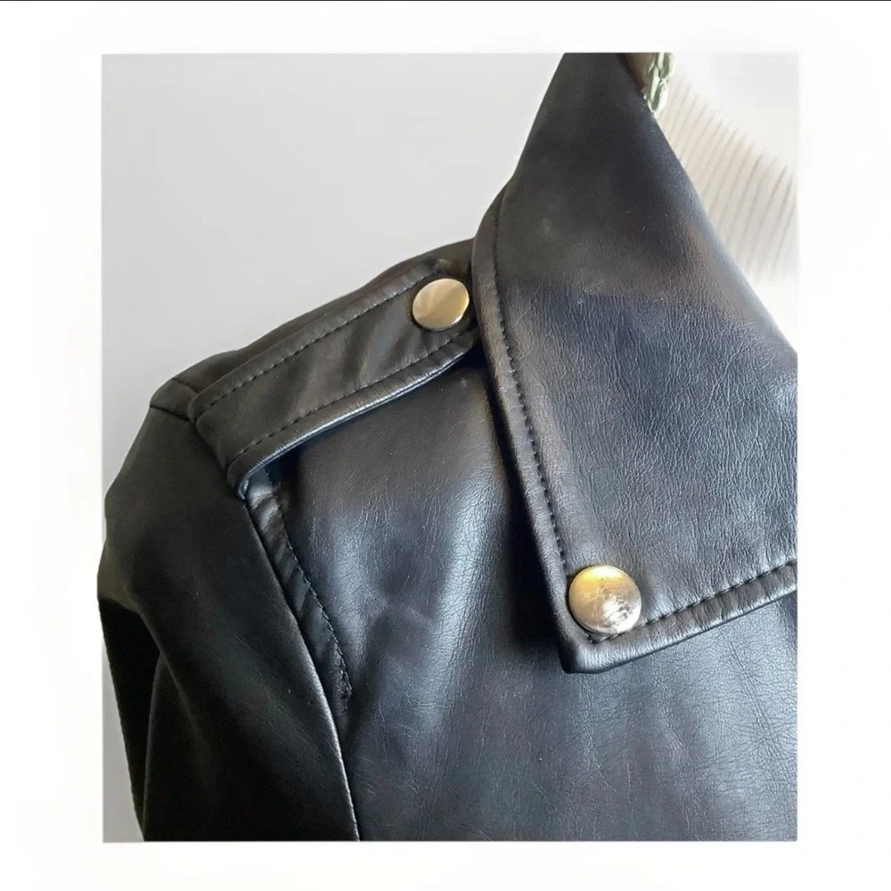 Vegan Black Leather Jacket Small Moto Faux Short Silver Accents